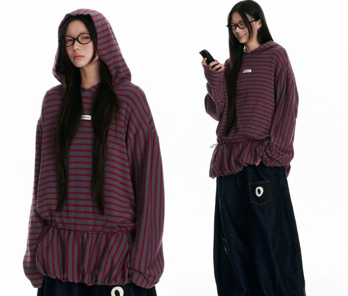 JIKOO 지쿠 후드 스트라이프 긴팔티 상품이미지1