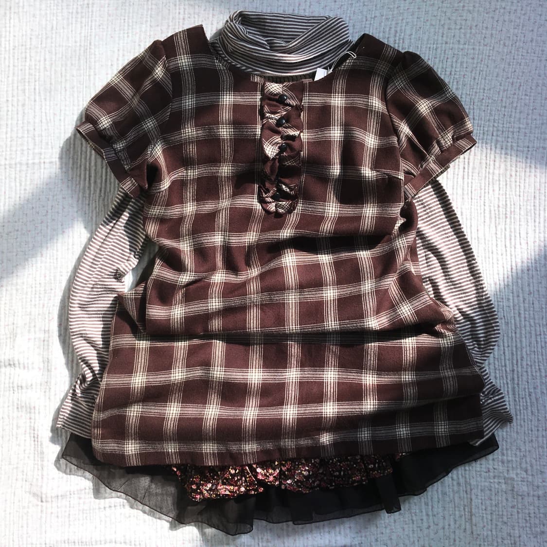 JPN/ 반팔원피스 레이어드미니원피스 브라운체크반팔블라우스  상품이미지1