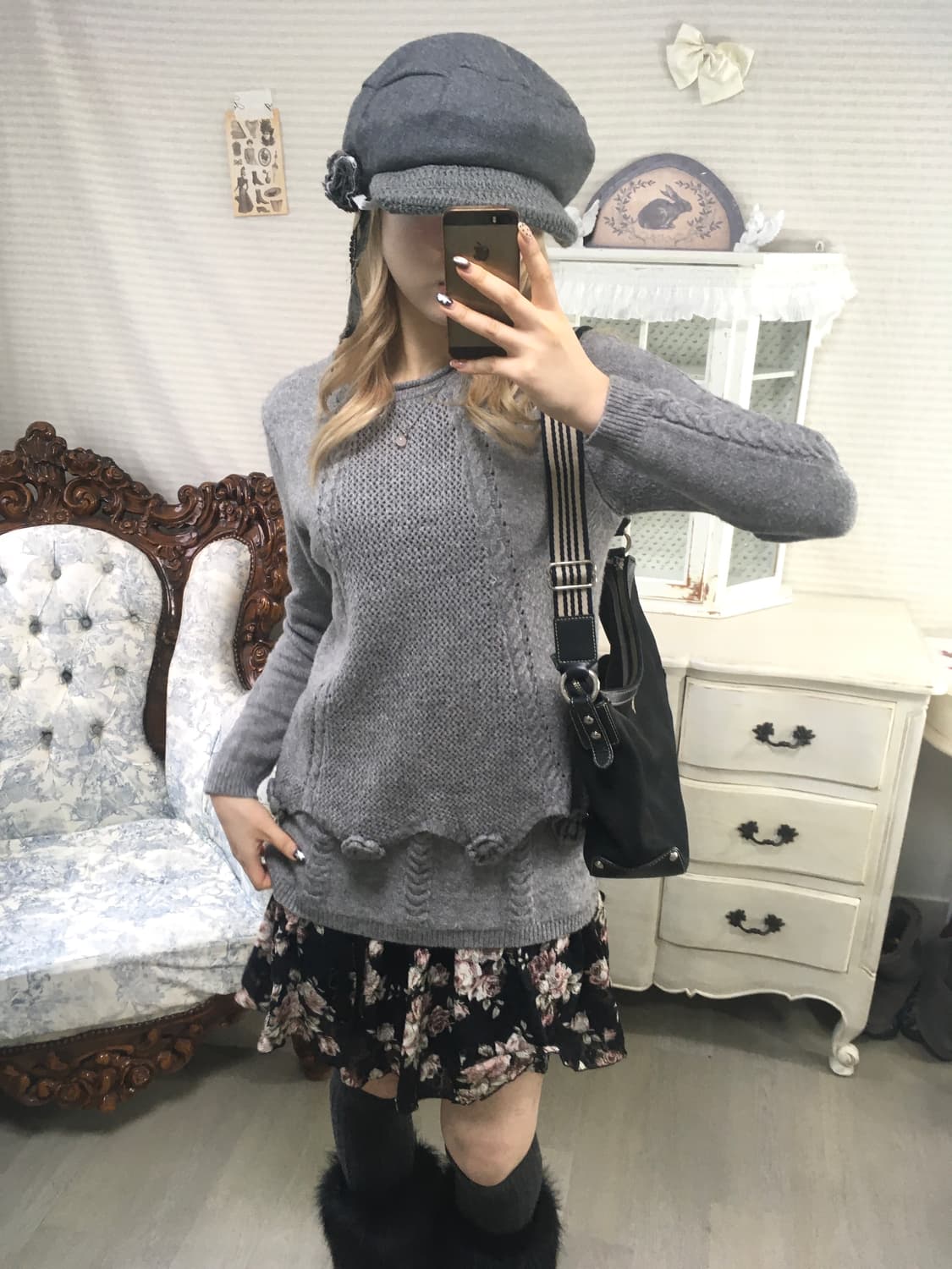 jpn vintage gray crochet flower layered  상품이미지1