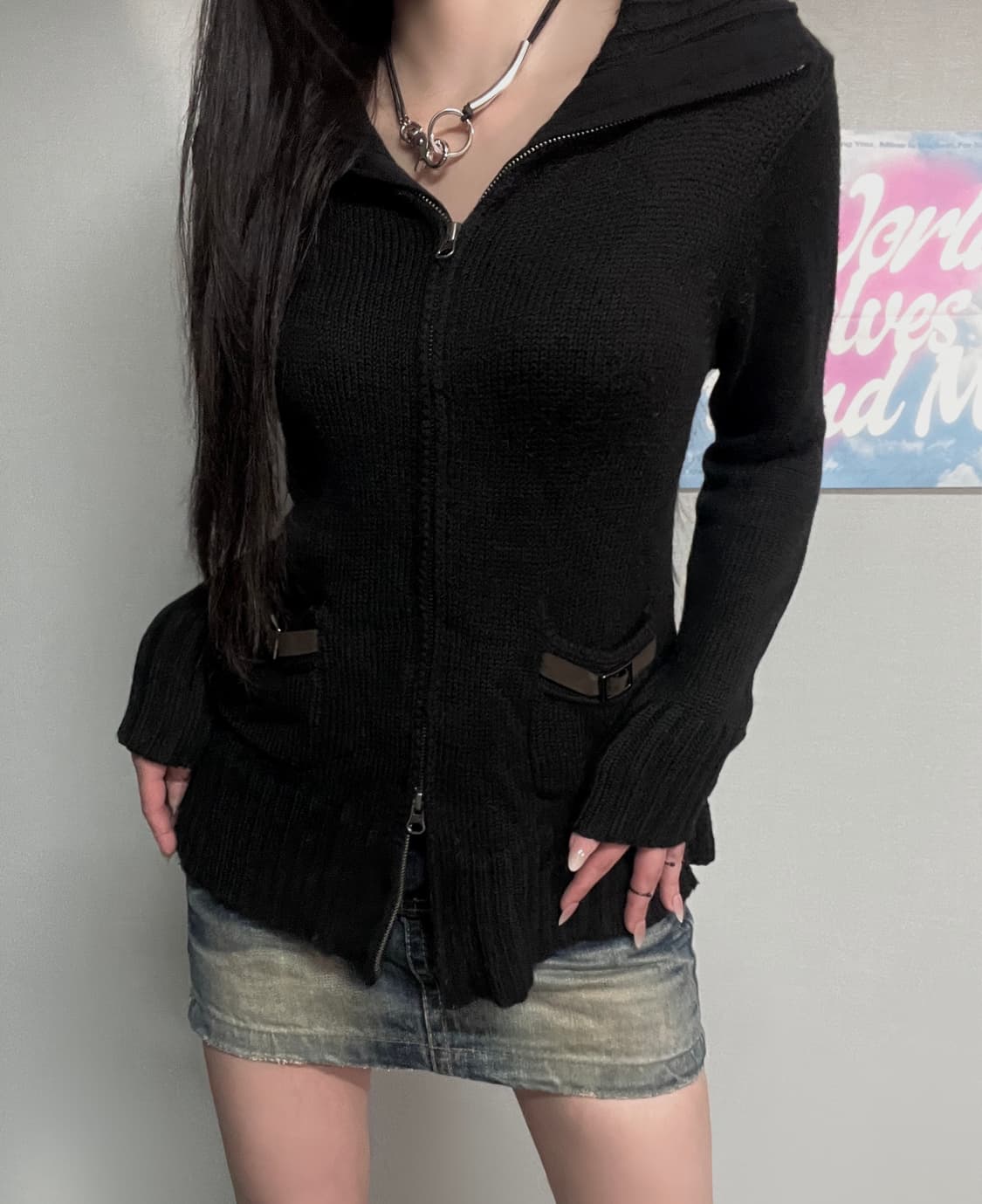 y2k 펑크 블랙 버클 니트 투웨이 집업 상품이미지4