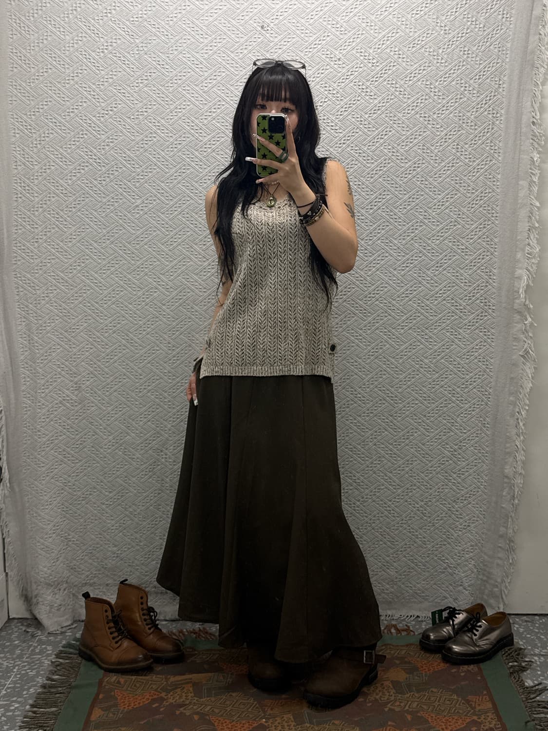 빈티지 캐주얼 모리 딥말차카키 플레어 롱스커트 K0146 상품이미지2