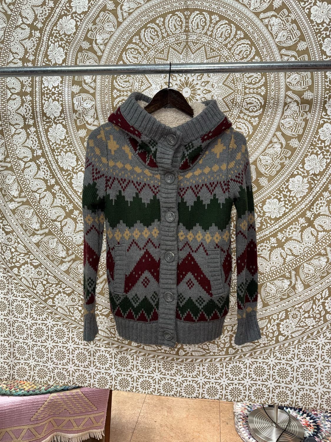 빈티지 에스닉 양털 기모 니트 후드 가디건  상품이미지3