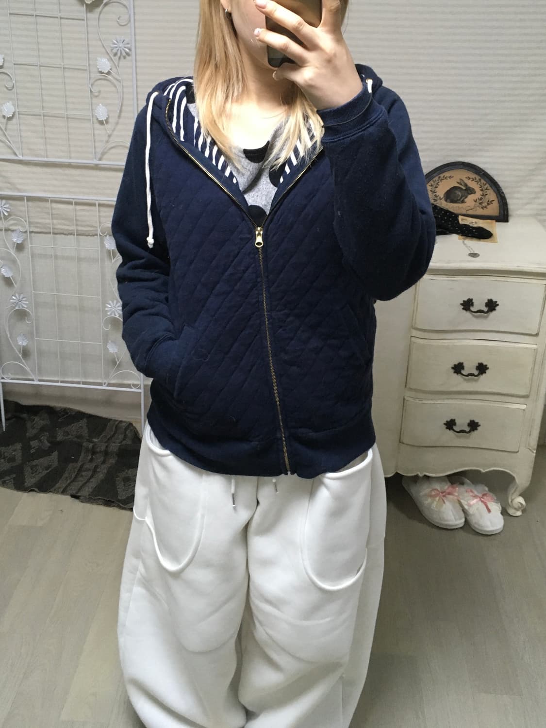 jpn vintage 네이비 아가일 누빔 후드 집업 상품이미지4