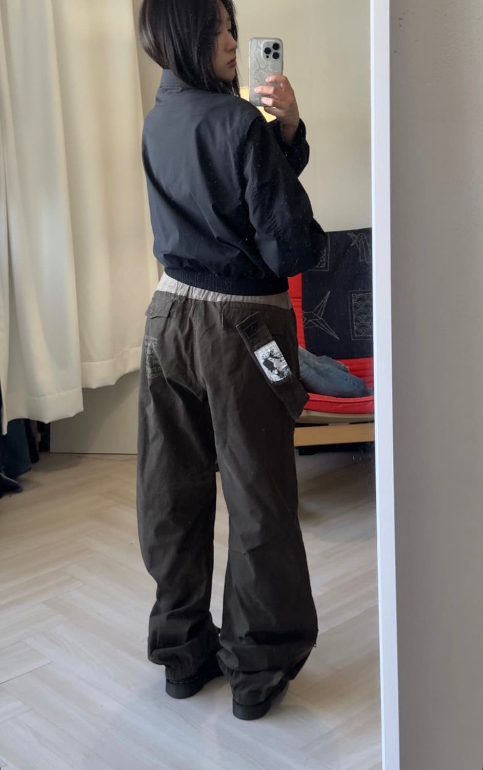 Y2K 스트랩 프린팅 디테일 카키 밴딩 팬츠 상품이미지2