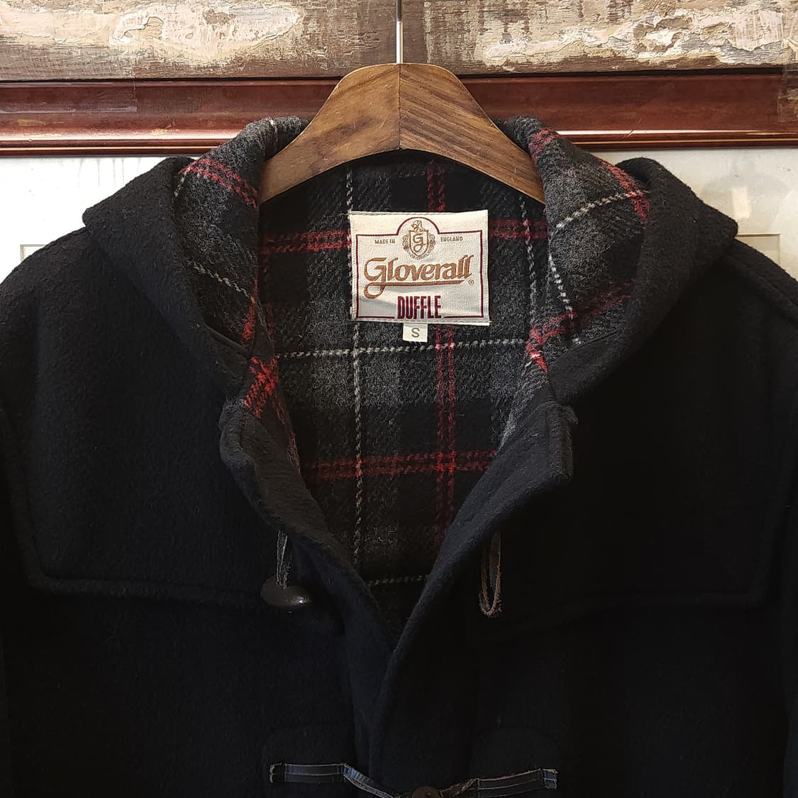 90s 글로버올 더플코트 잉글랜드 플레드 체크 빈티지 헤비울 코트 블랙S 상품이미지4