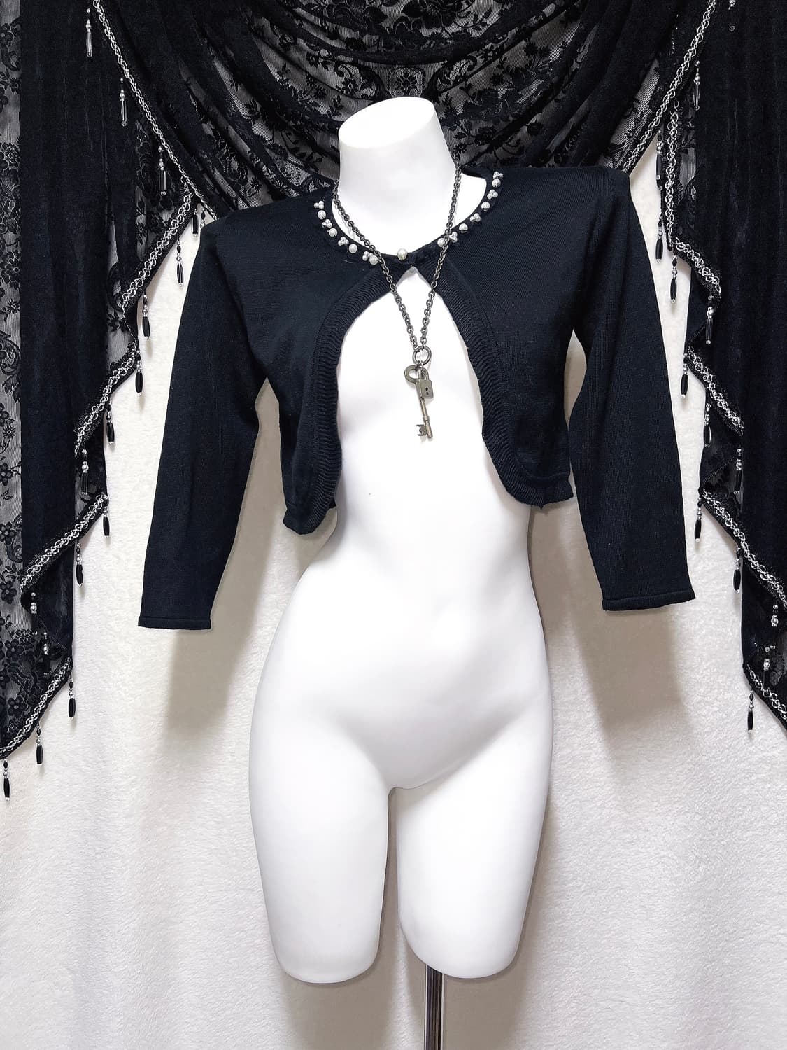 로맨틱갸루 로걀 고딕 고스로리 블랙 진주 크롭 볼레로 가디건 핀터 페어리 상품이미지8