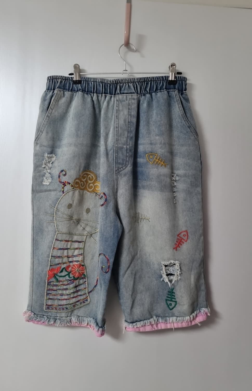 빈티지 자수 데님 연청 반바지 상품이미지1
