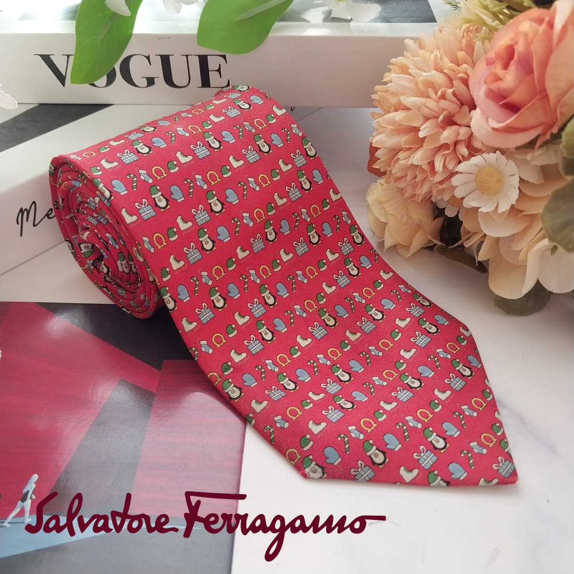 살바토레 페라가모 실크 크리스마스 모티브 넥타이 8cm A등급 k2017 상품이미지1