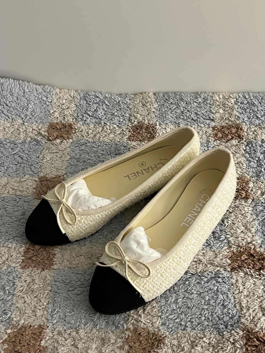 샤넬 발레리나 플랫 코튼 트위드 그로그랭 & 라이트 옐로우 블랙 상품이미지1