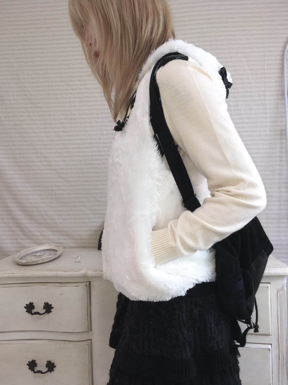 jpn vintage ivory fur stripe ribbon vest 상품이미지5
