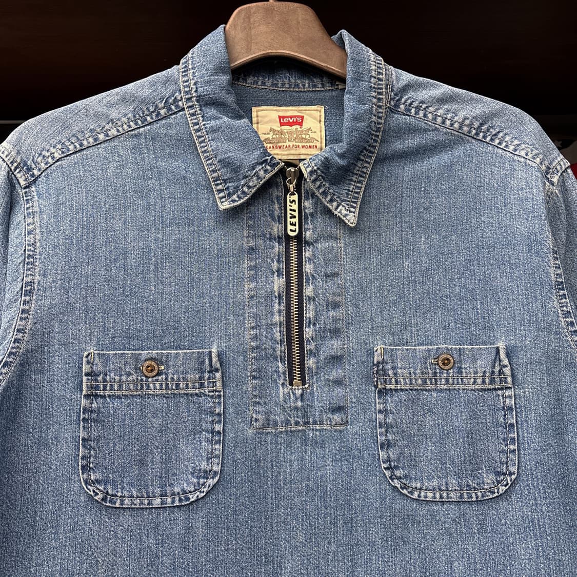 80~90s 리바이스 블루탭 빈티지워싱 하프집업 워크 데님셔츠 N1054 상품이미지3