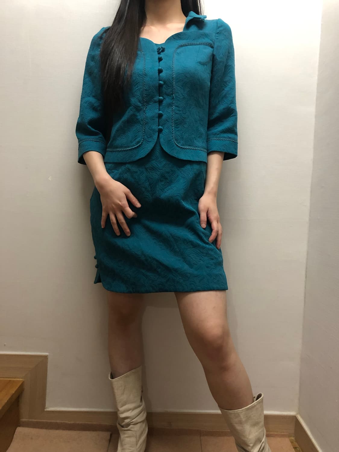 빈티지 청록 오리엔탈 자카드 원피스 상품이미지7