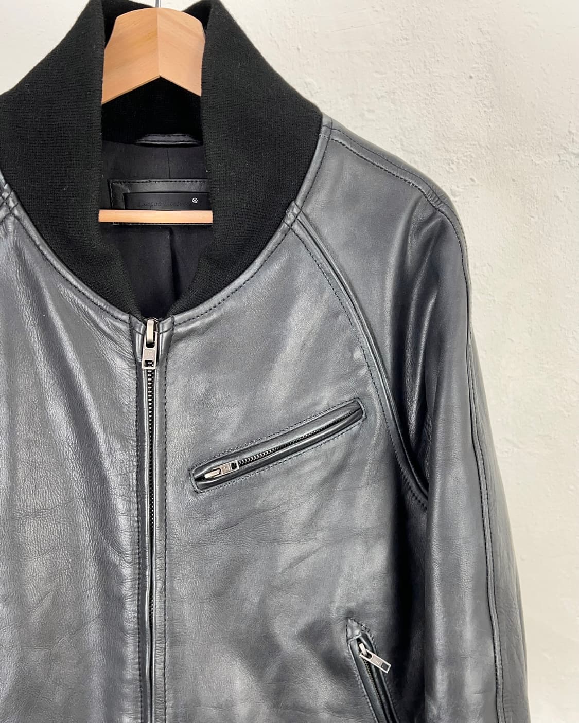 링고레더 블랙 기믹 지퍼 리얼 레더 바시티 자켓 상품이미지3