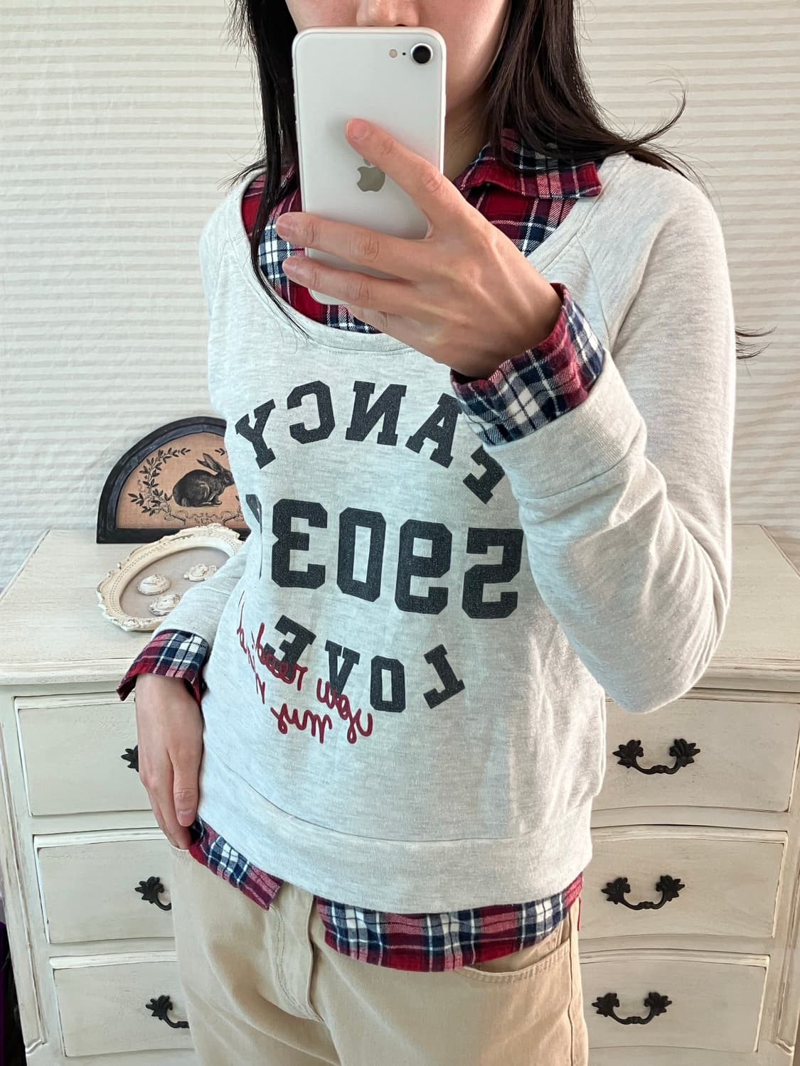 jpn vintage 레드와인 네이비 체크셔츠 멜란지 레이어드 맨투맨 y 상품이미지1