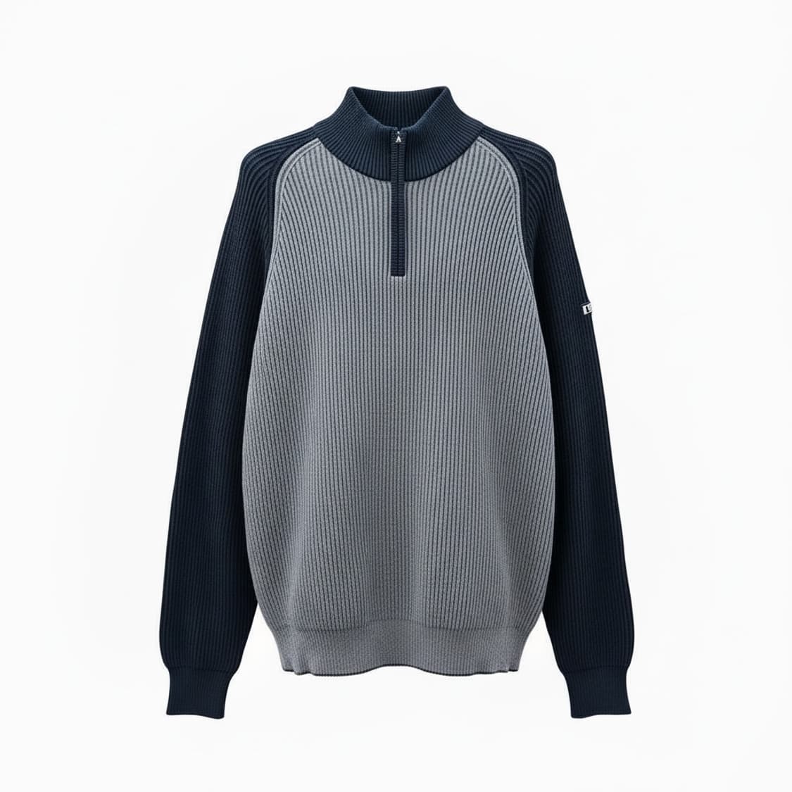 노티카 레글런 골지 반집업니트 배색 암패치 디테일 네이비 상품이미지1