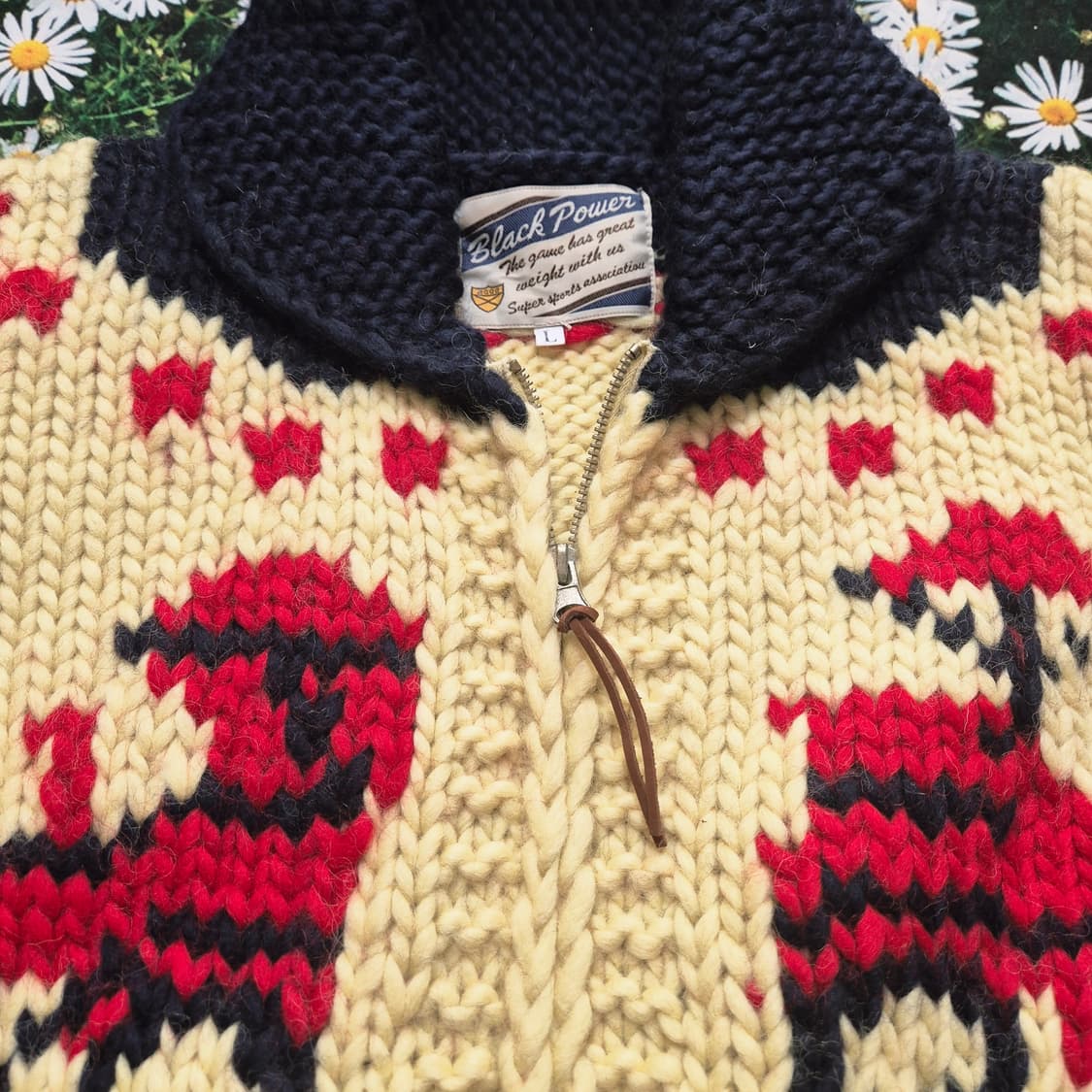 black power 일본 코위찬 옛날 자동차 패턴 니트 자켓 L 상품이미지3