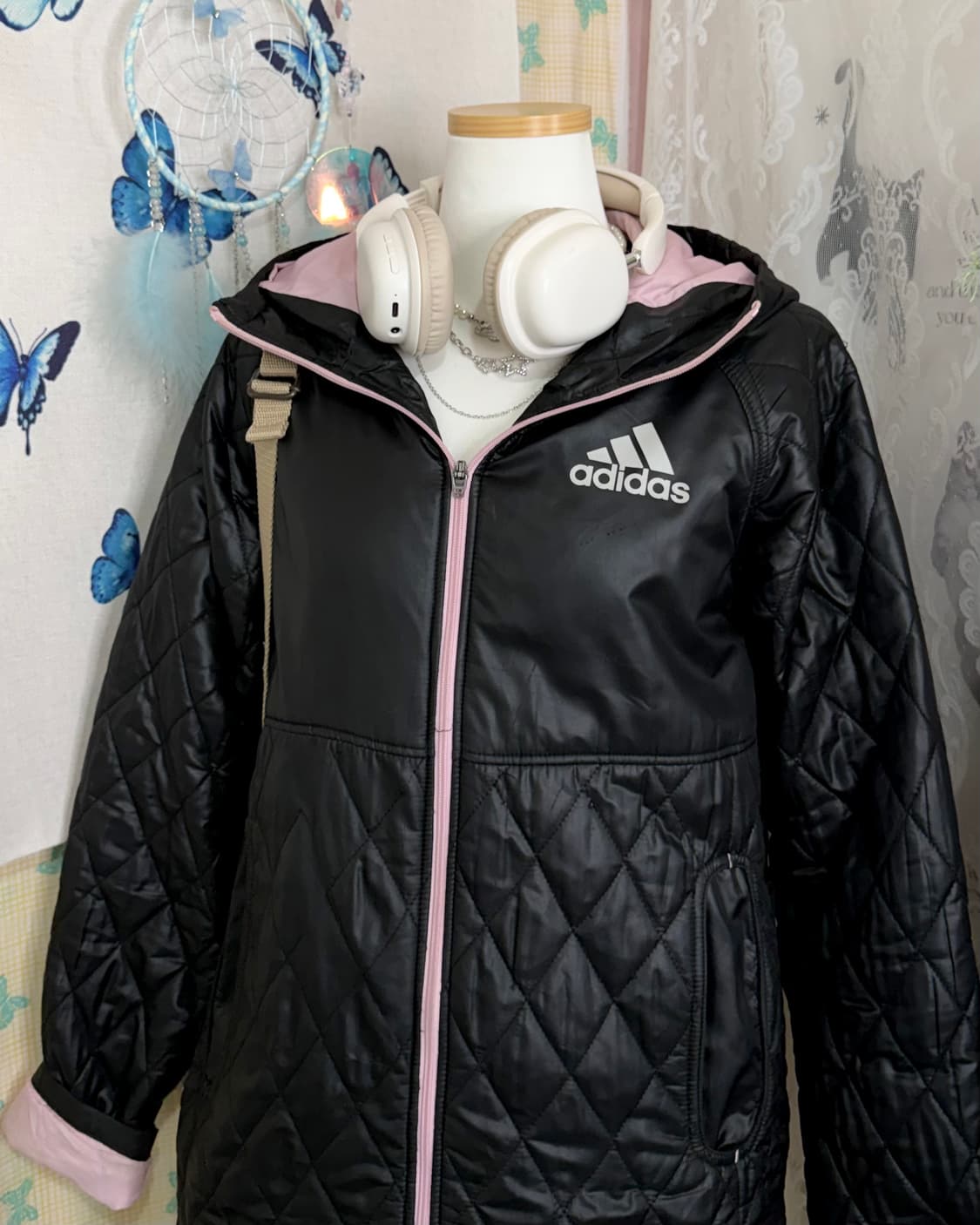 아디다스 블랙 & 핑크 퀼팅 후드 자켓 상품이미지4