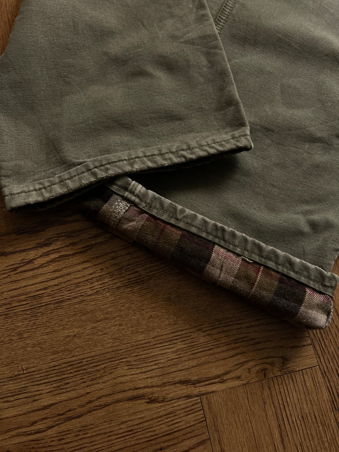 [30]칼하트 USA 덩가리핏 체크 라이닝 모스그린 카펜터 워크팬츠 M9 상품이미지5