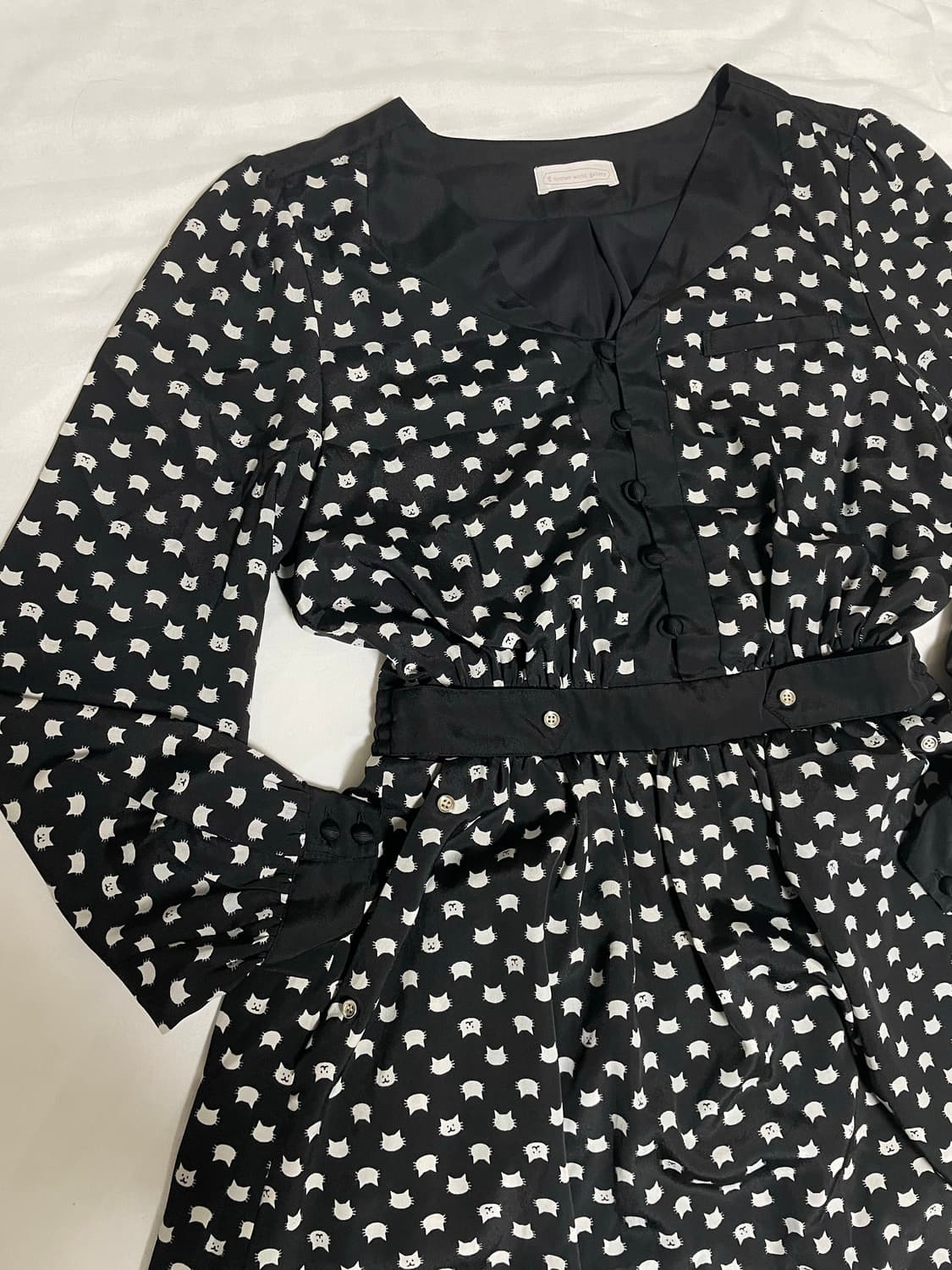 일본빈티지 고양이 패턴 콩단추 주머니있는 원피스 상품이미지1