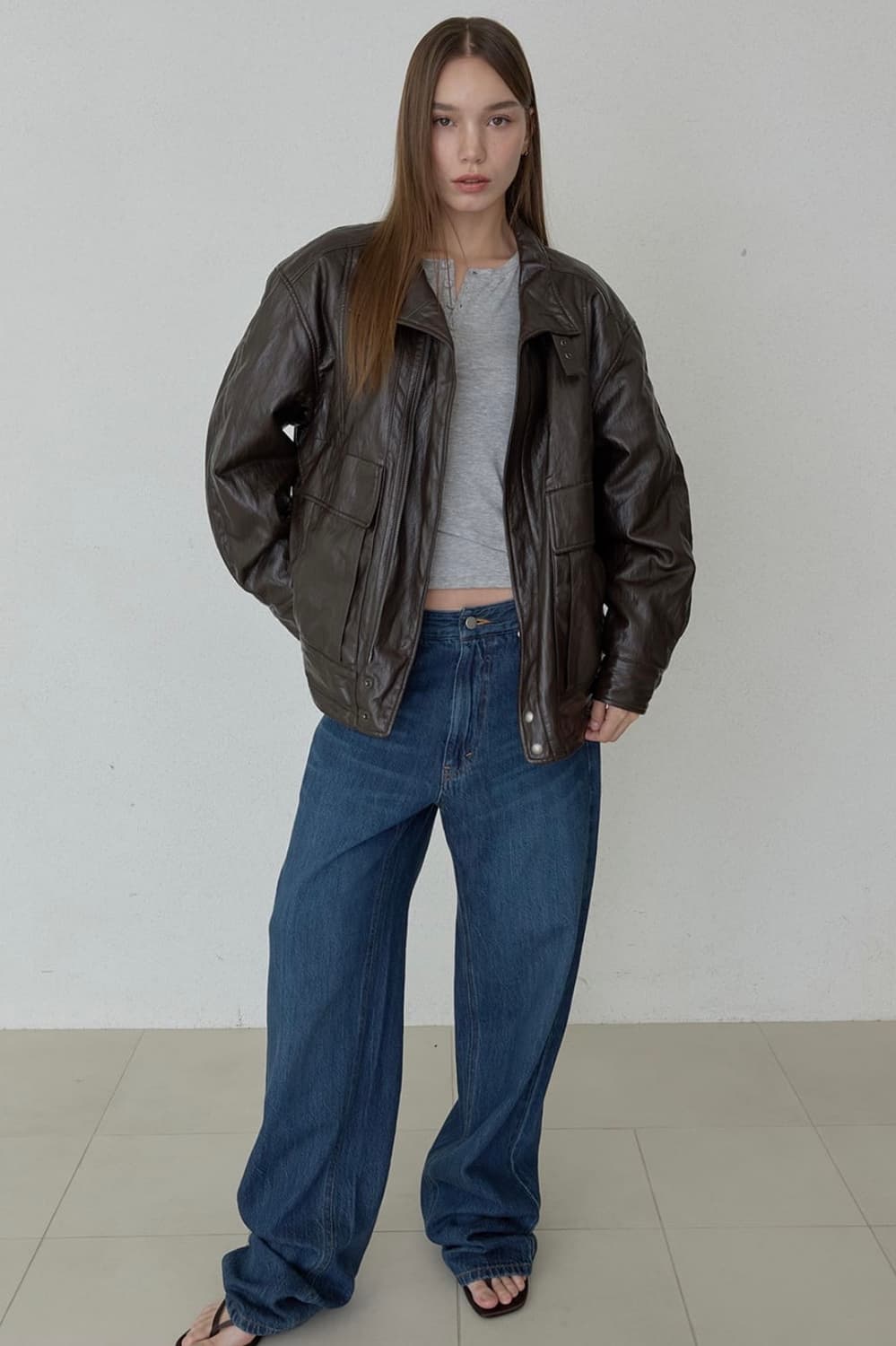 Vintage high-neck leather jacket (brown) 상품이미지1