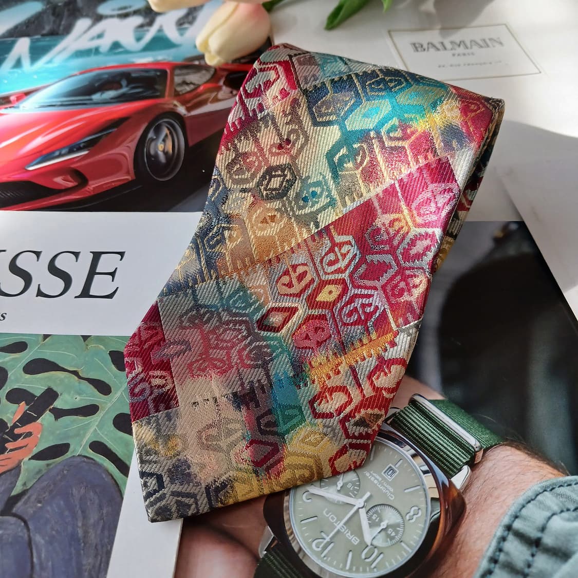 발망 실크 레드 자카드 패턴 넥타이 9.4cm A+~A등급 A19446
 상품이미지4