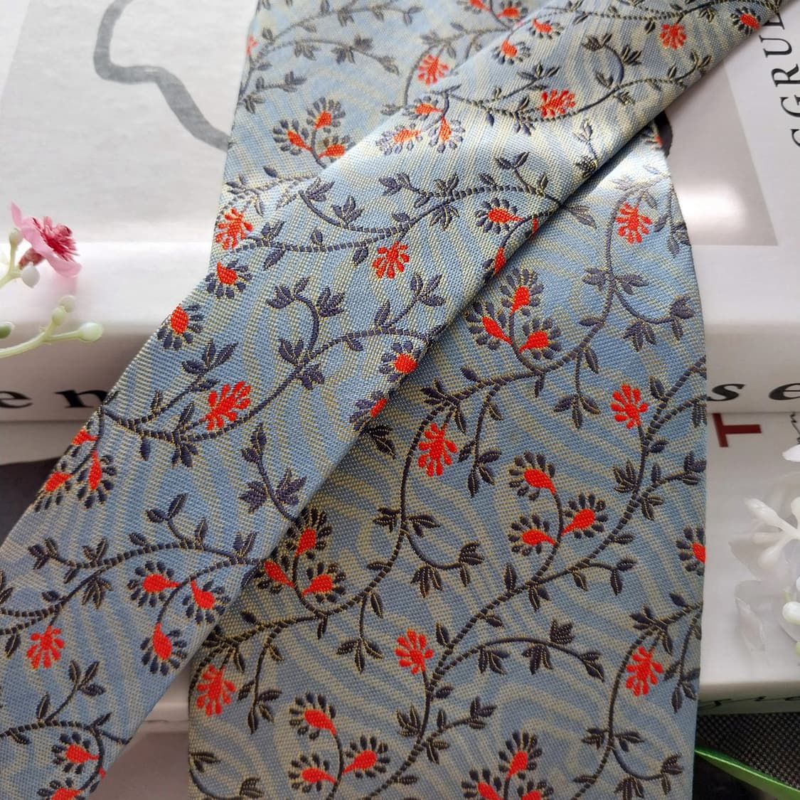 아쿠아스큐텀 실크 블루 플로럴 패턴 넥타이 9.7cm A등급 K2166 상품이미지3