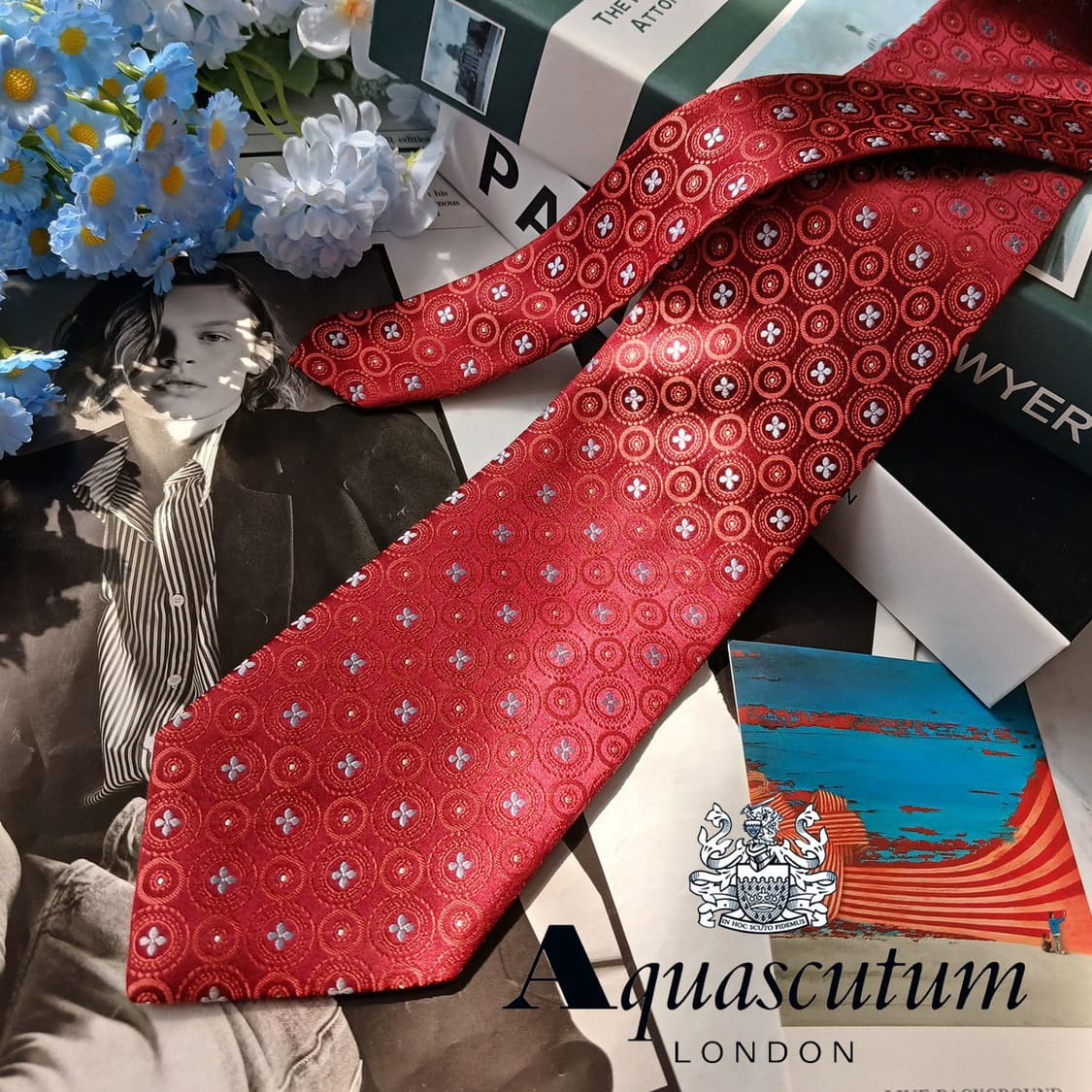 아쿠아스큐텀 넥타이 레드 플라워 패턴 S~A+등급 E896
 상품이미지2