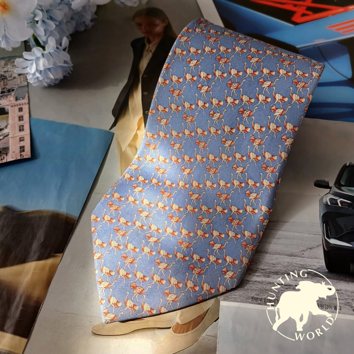 헌팅월드 실크 하늘색 홍학 모티브 넥타이 10cm A등급 A19663
 상품이미지2