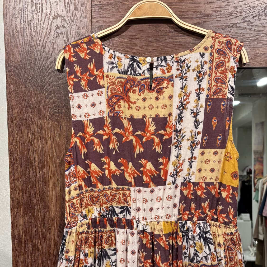 일본 빈티지 에스닉 패치워크 패턴 브라운 민소매 롱 원피스 상품이미지5