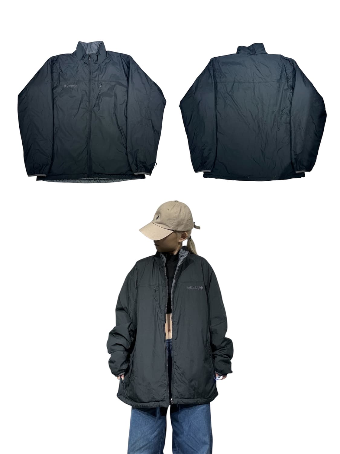 컬럼비아 네이비 그레이 양면 경량 패딩 바람막이 고프코어 자켓 상품이미지1