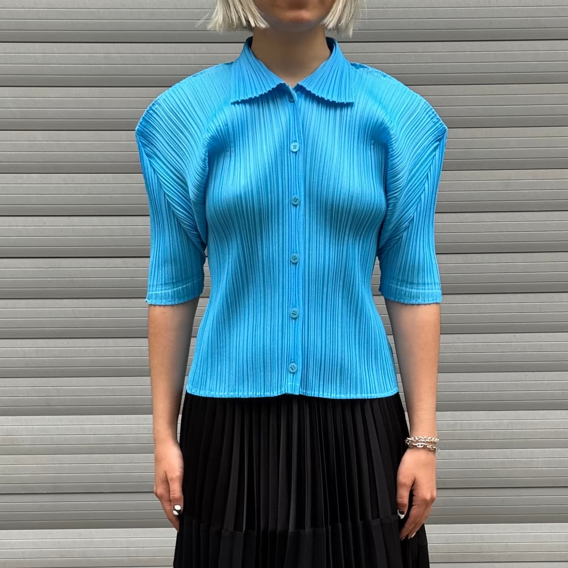 Pleated Short Sleeve Blouse Blue 상품이미지7