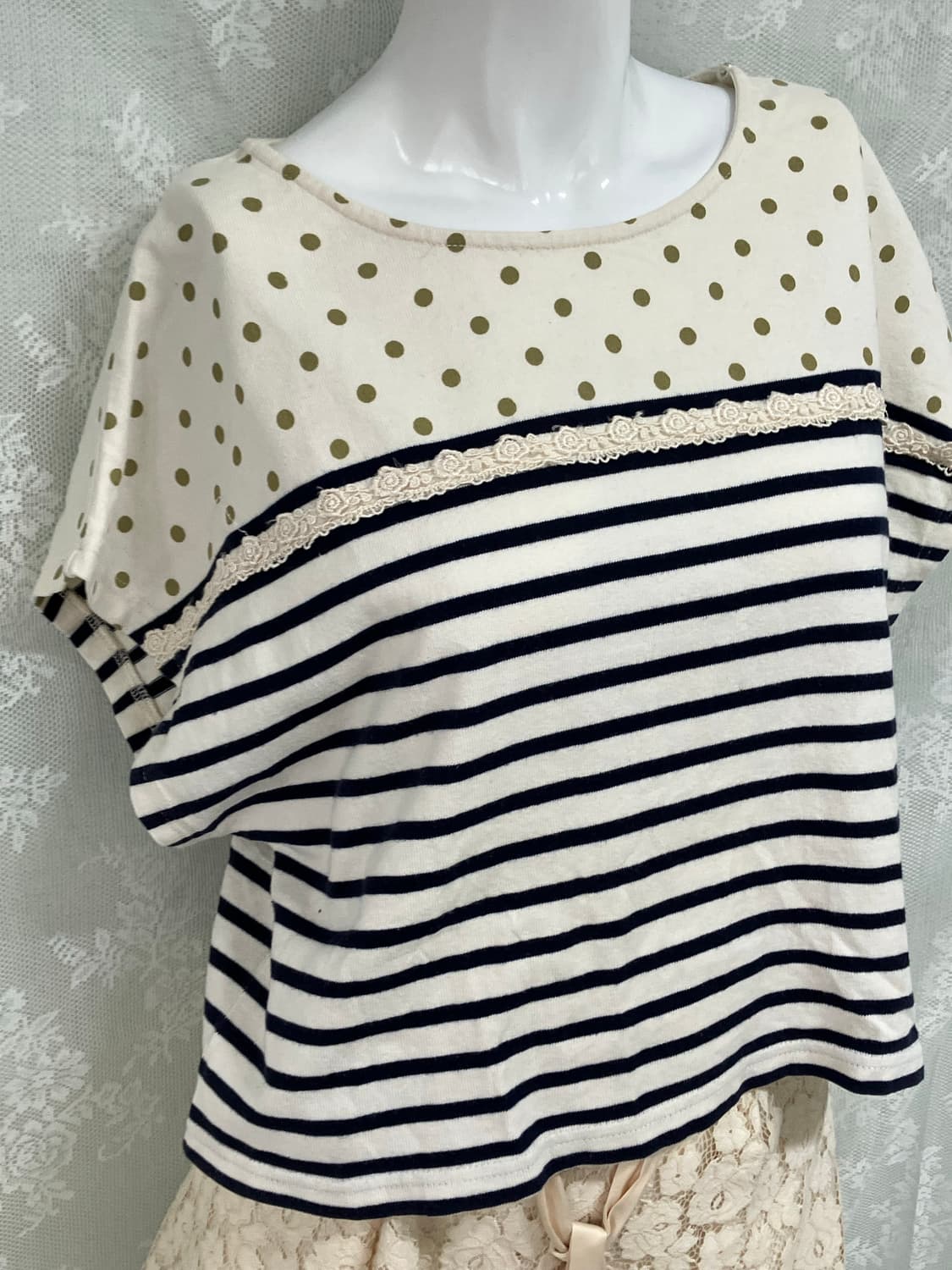 빈티지 어스 뮤직 레이스 도트 스트라이프 반팔 1110 모리걸 y2k 스 상품이미지3