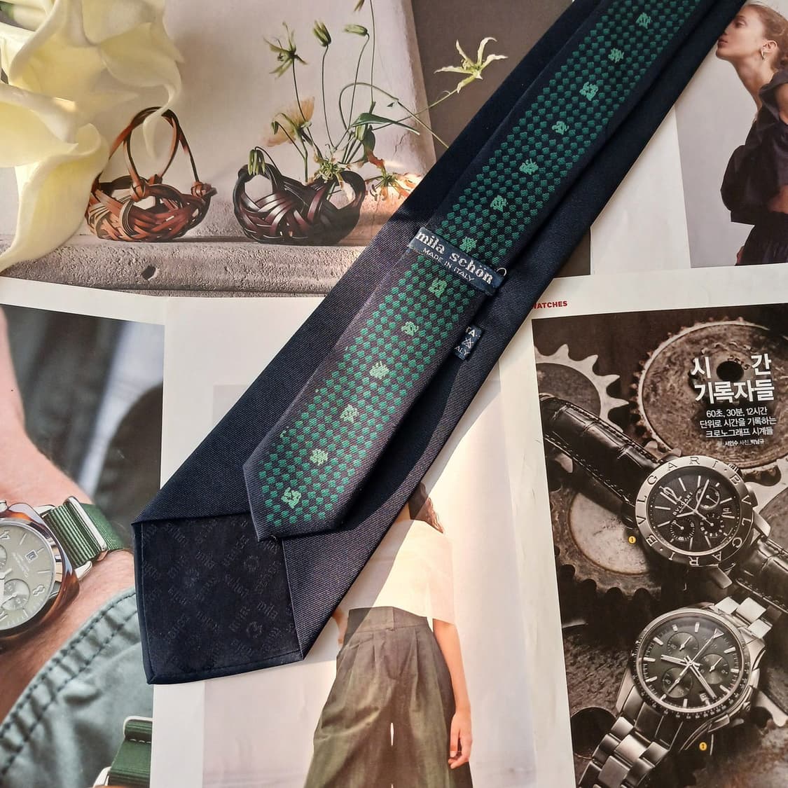 밀라숀 실크 네이비&그린 로고 자카드 넥타이 9cm A+등급 A19116 상품이미지4