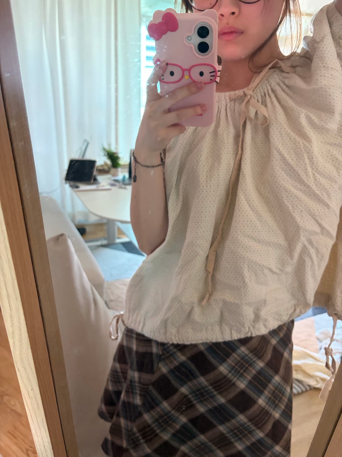 니혼진깔 도트 베이지 블라우스 반팔 상품이미지2