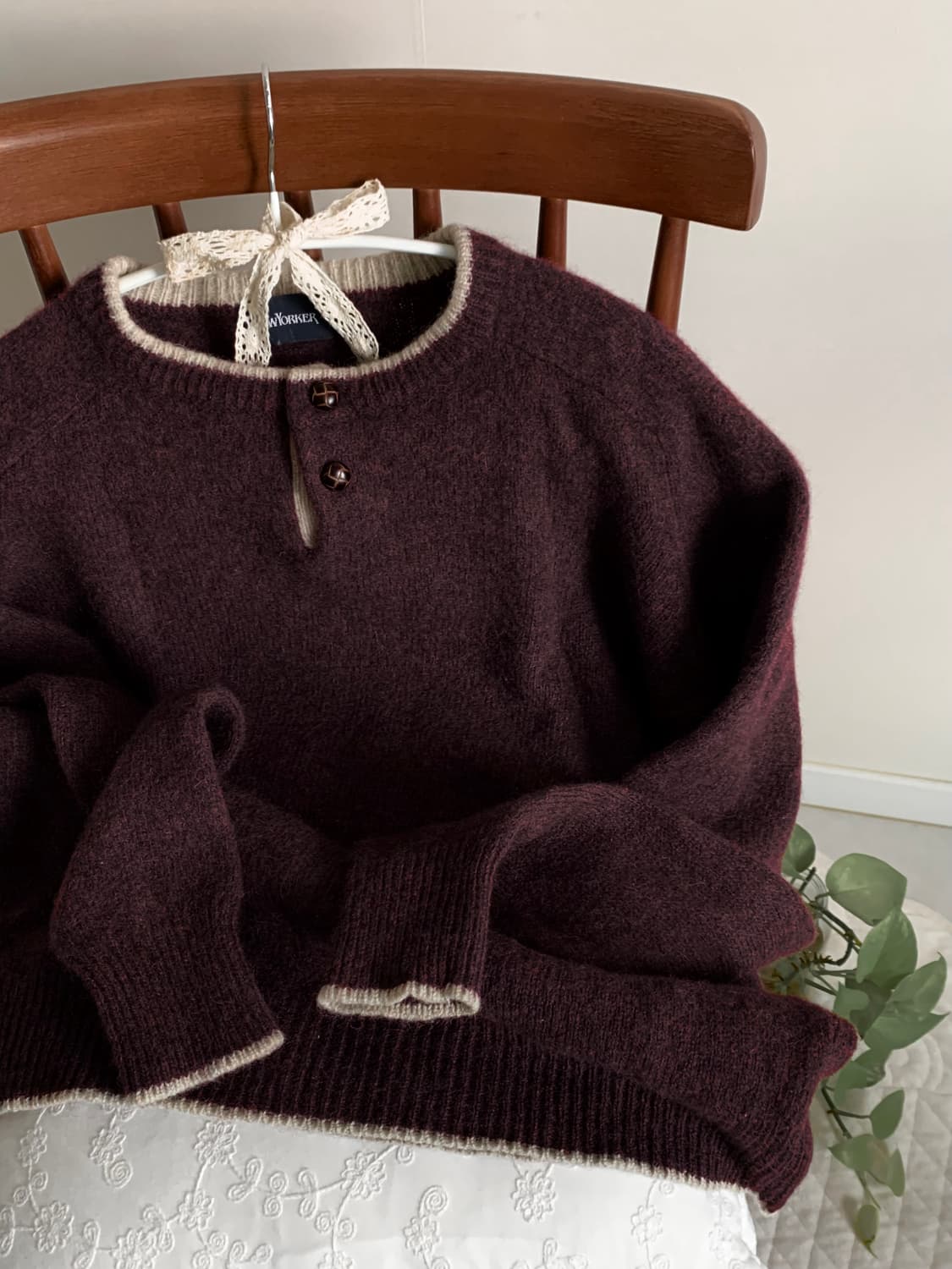 울 100 딥 버건디 보카시 래글런 니트 상품이미지3