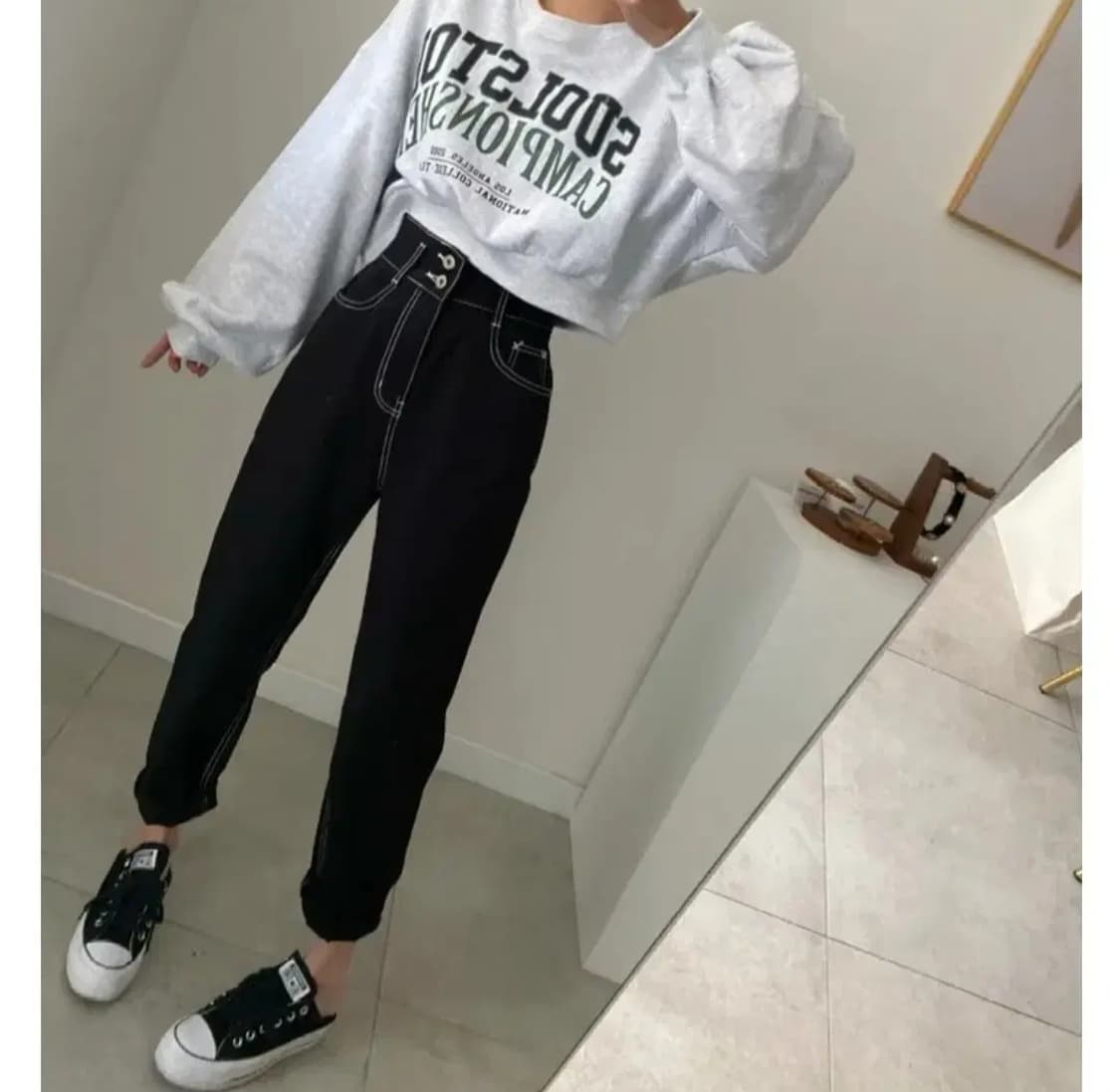 로코핏 스티치코튼배기핏블랙진데님팬츠여성배기바지와이드일자진스판청바지뒷밴딩 상품이미지3