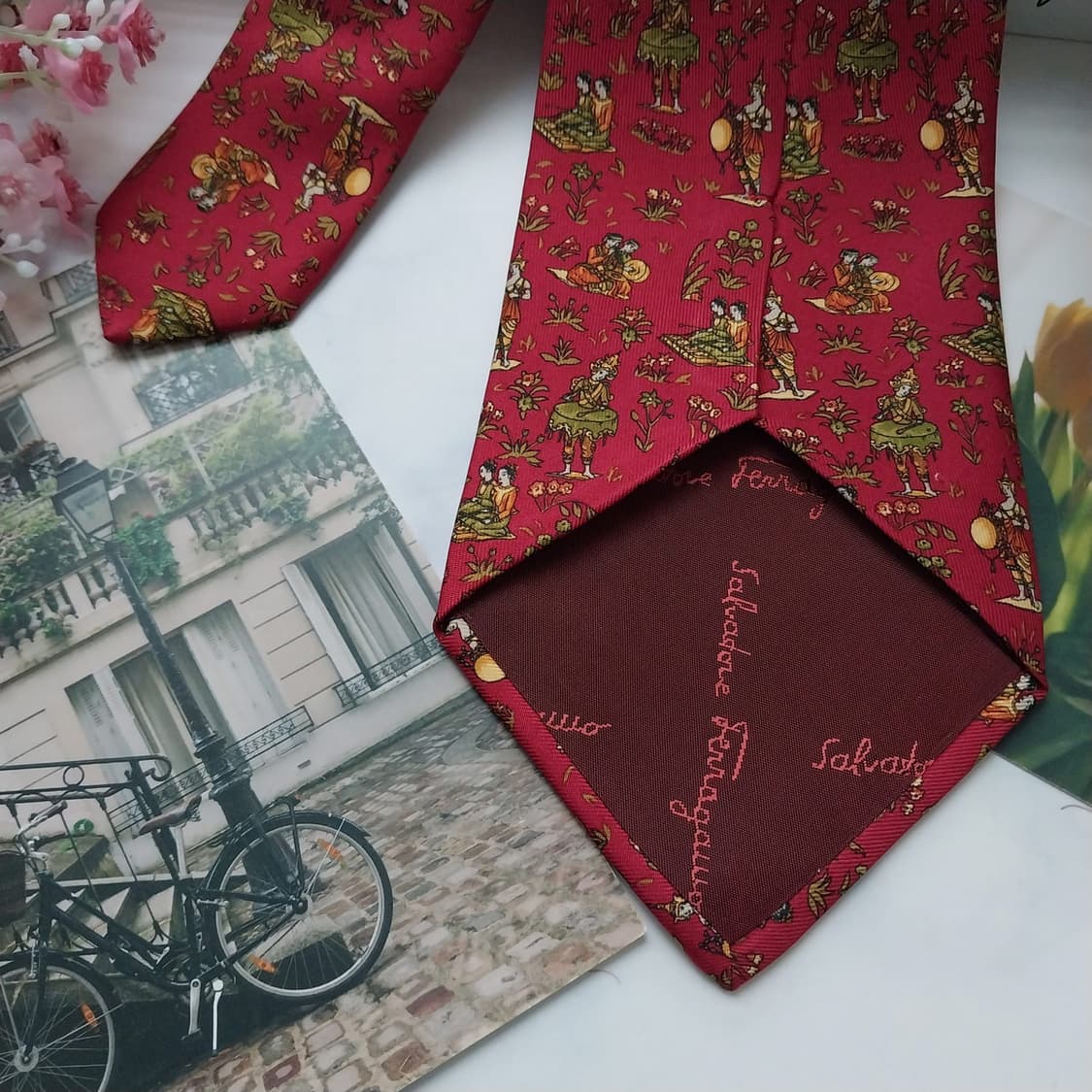 페라가모 실크 레드 오리엔탈 모티브 넥타이 9.6cm A+등급 K1479 상품이미지6
