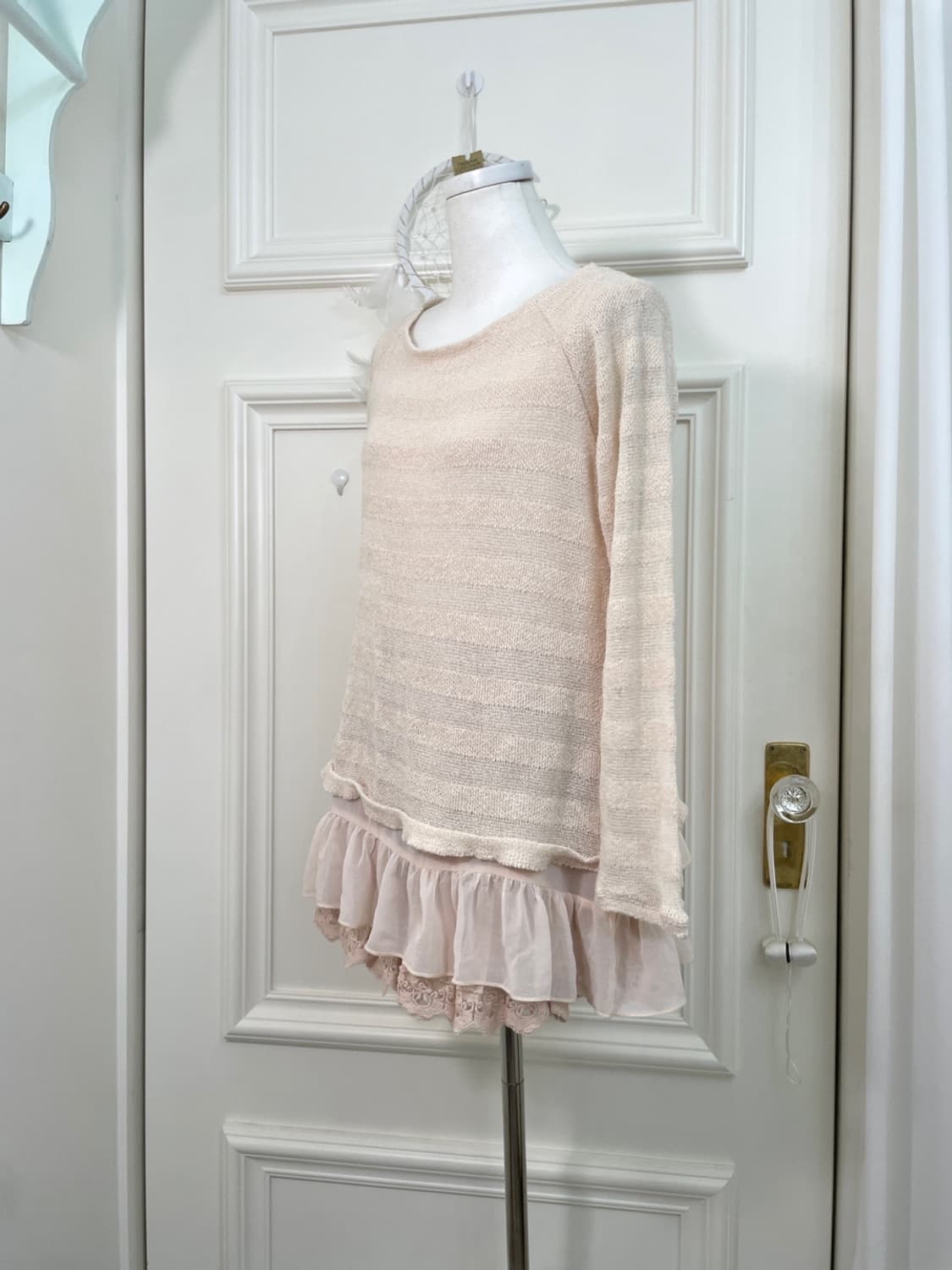 coral chiffon ruffle layered knit top 상품이미지2