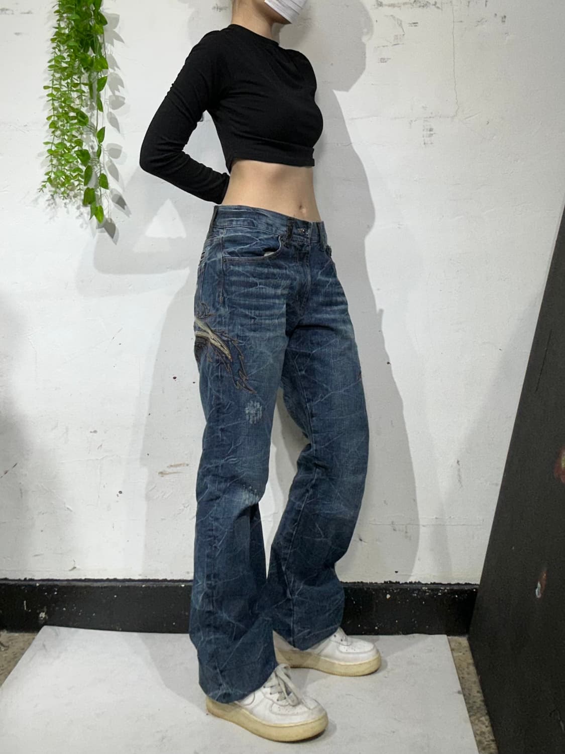 일본 빈티지 중청 자수 디테일 와이드 데님 팬츠 힙합 새깅 청바지  상품이미지2