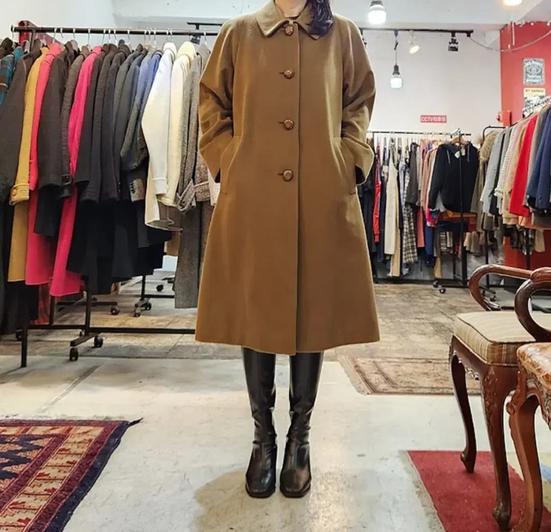 90s CARAT by 산요 울 카멜 브라운 롱 빈티지 코트 상품이미지1