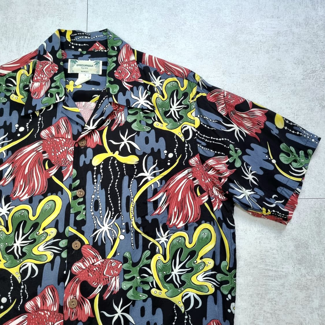 80s USA 카메하메하 금붕어 패턴 하와이안 셔츠 M, 105sz 상품이미지1