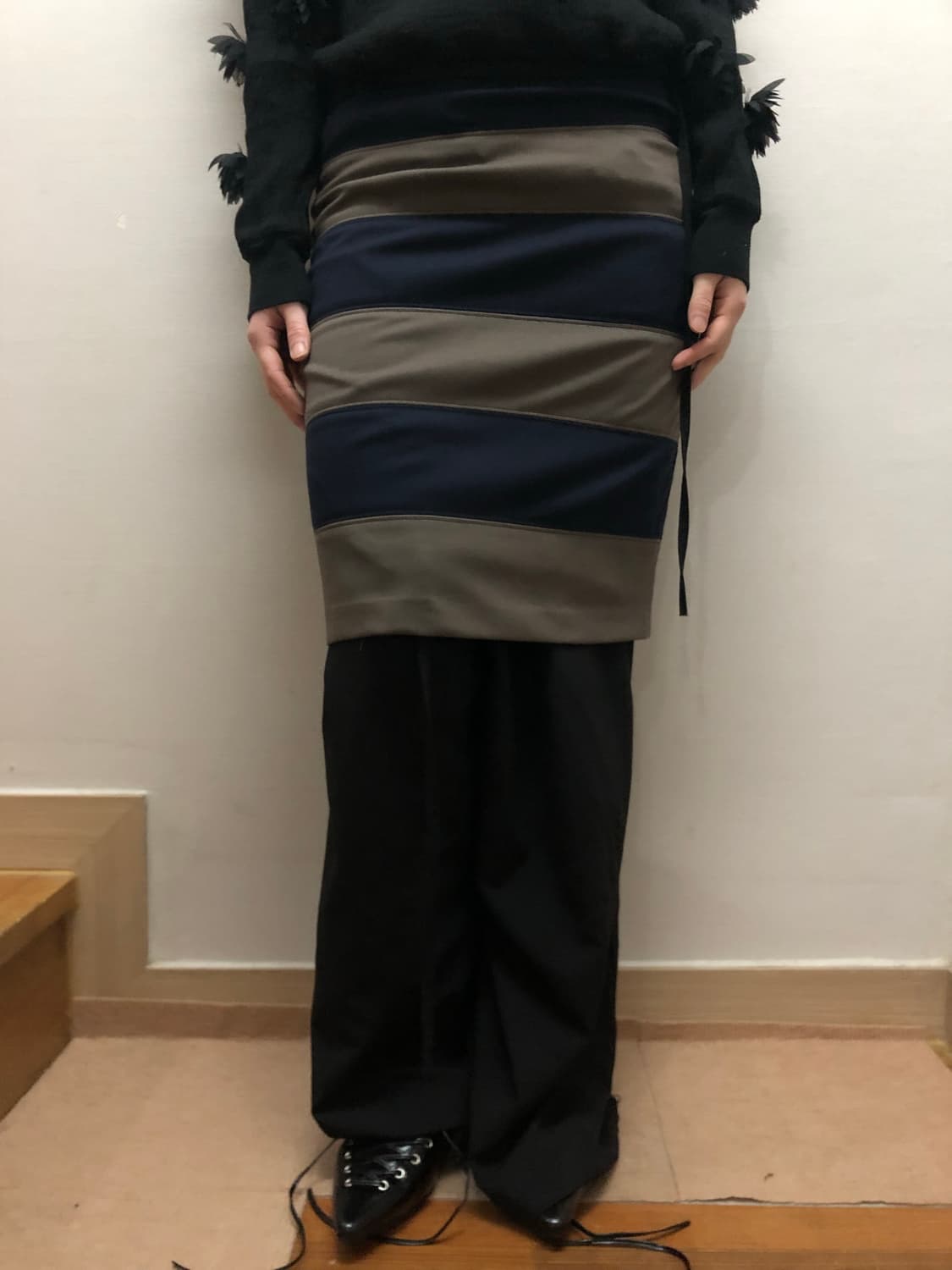 빈티지 카키 스트라이프 미디 스커트 상품이미지2