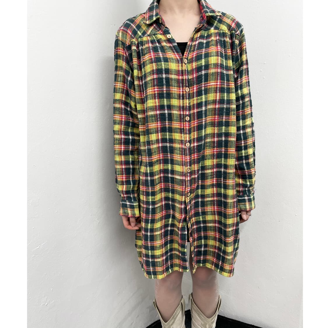 큐브슈가 하구미 체크 셔츠 원피스 상품이미지1