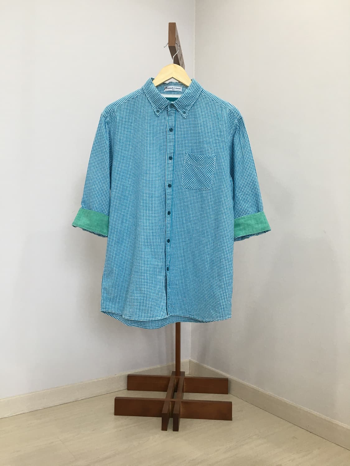 jpn빈티지 하늘체크패턴 7부셔츠 상품이미지3