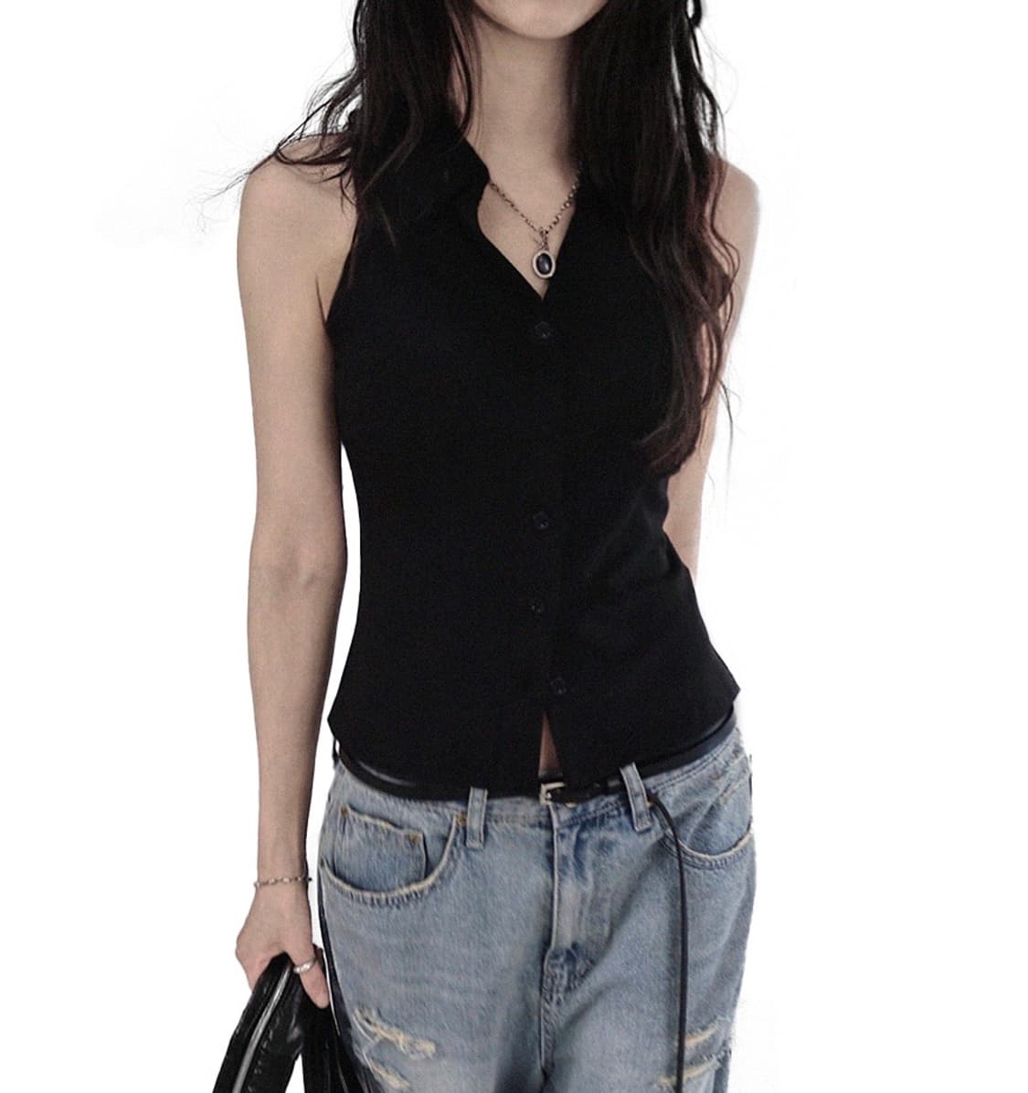 시크윈 시티 슬림핏 단추 블랙 홀터 카라 나시 상품이미지2