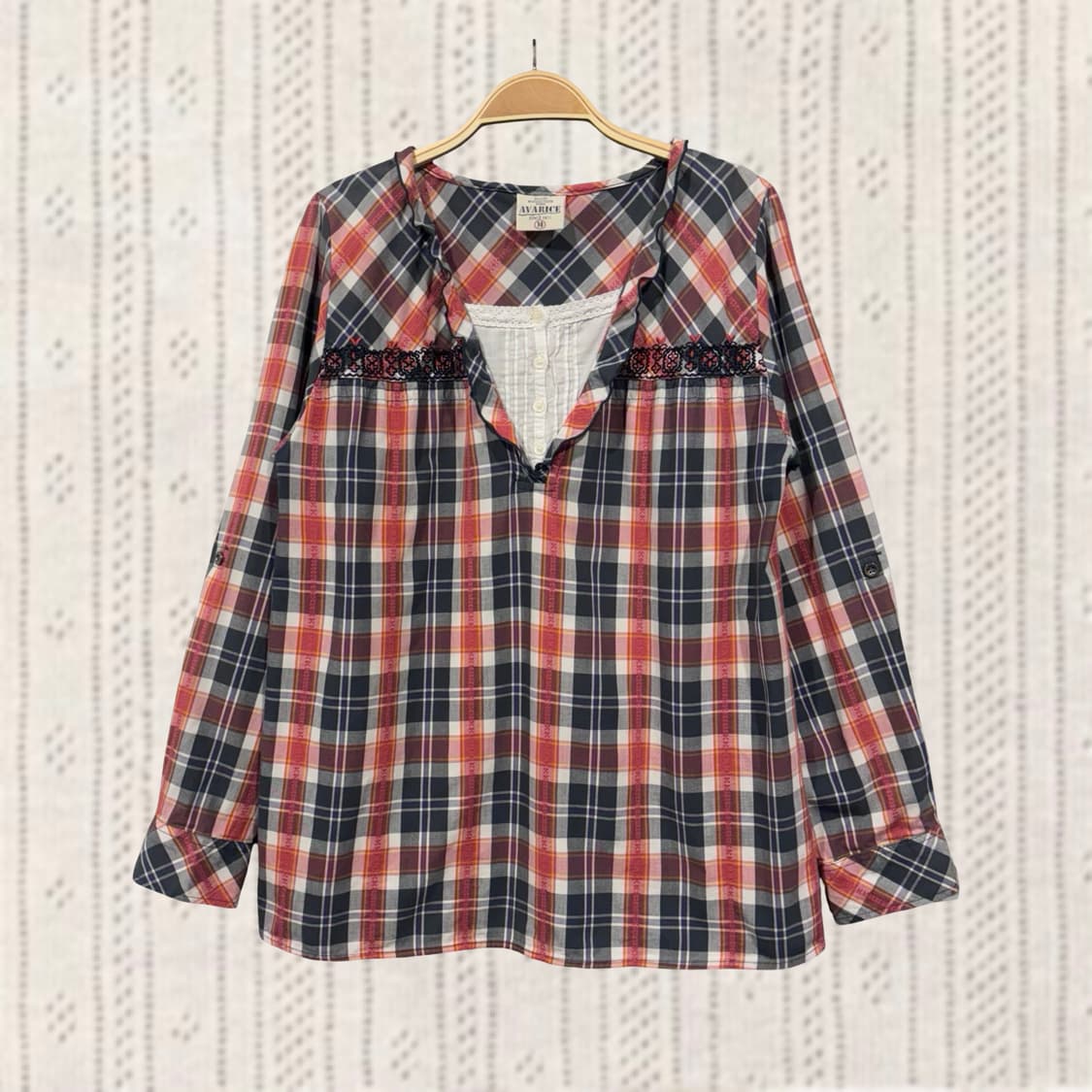 일본 빈티지 핀턱 레이어드 자수 체크 셔츠 블라우스 모리 너드 상품이미지1