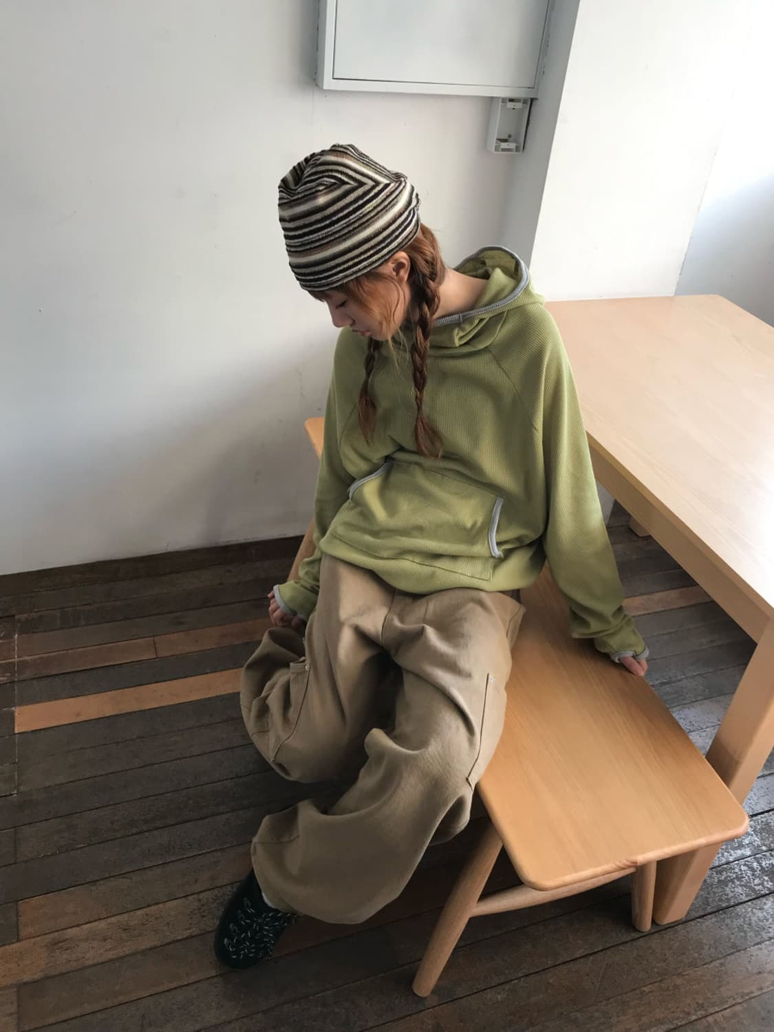 (새상품) 키오키 그린 핑거홀 와플 후디 t 상품이미지1