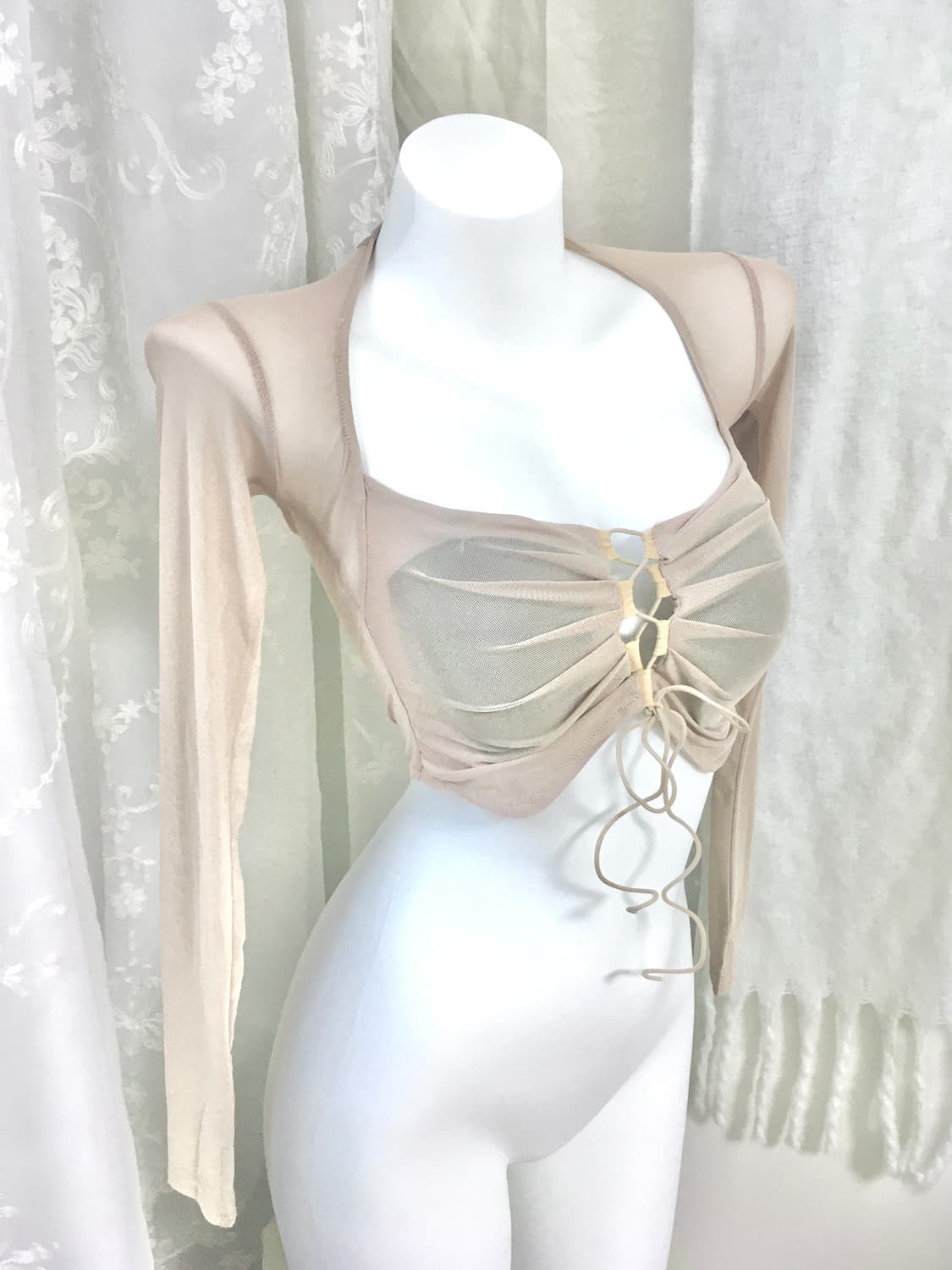 베이지 셔링 시스루 크롭 롱슬리브  상품이미지1