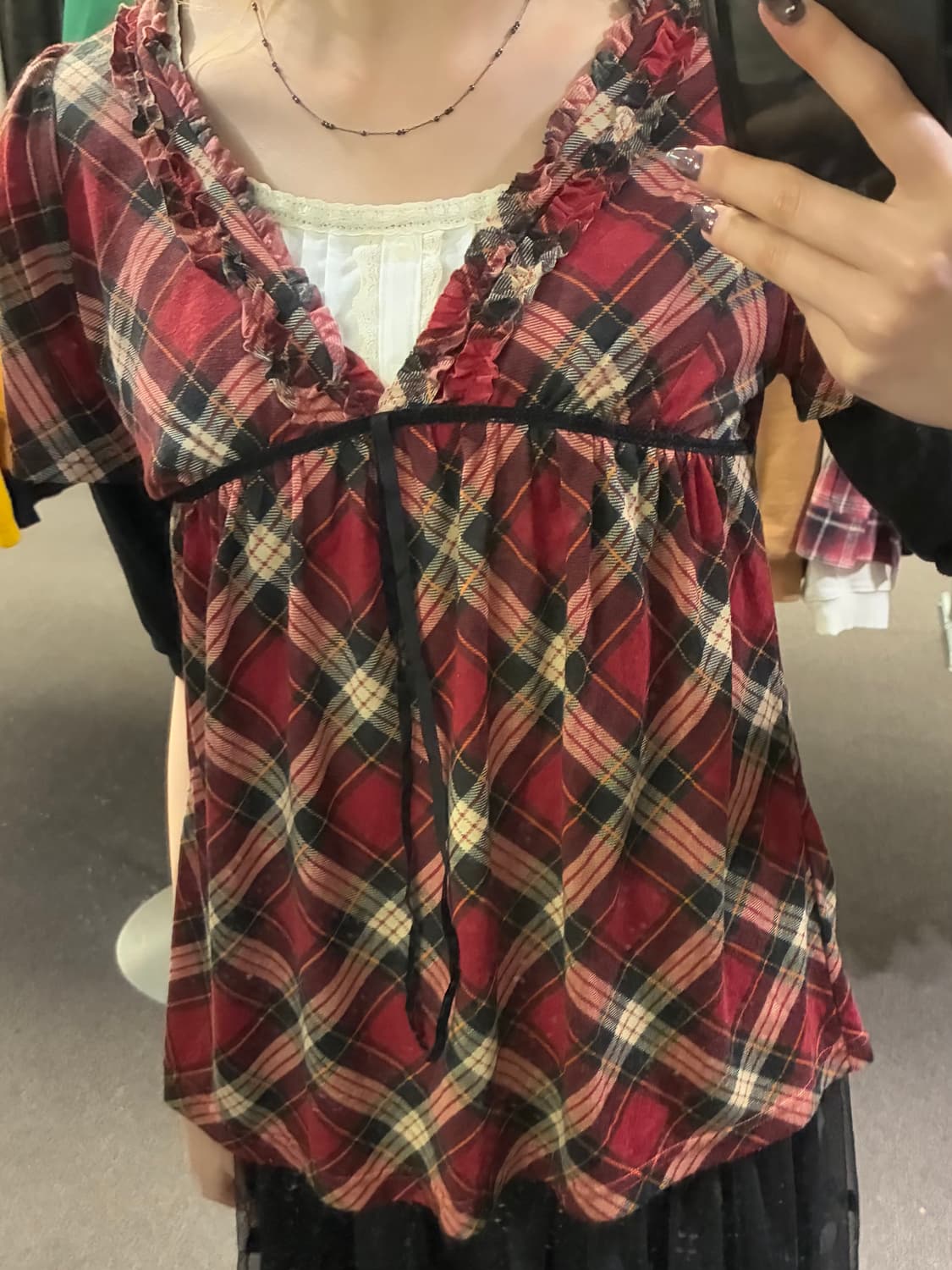 38)Japanese vintage 여성 타탄체크 레이스 펑크 반팔 상품이미지1