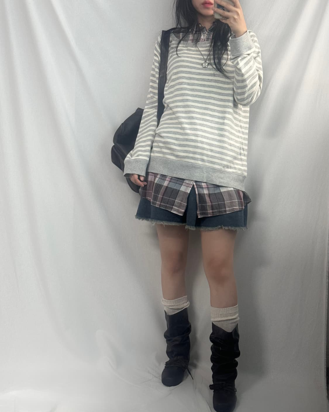 버튼 숄더 디테일 체크 셔츠 원피스 데님 스커트 3pcs SET 상품이미지6